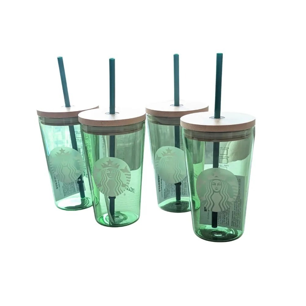 Starbucks Green Glass Matcha Tumbler Set of 4 18oz Bamboo Lid Reusable Straw NWT